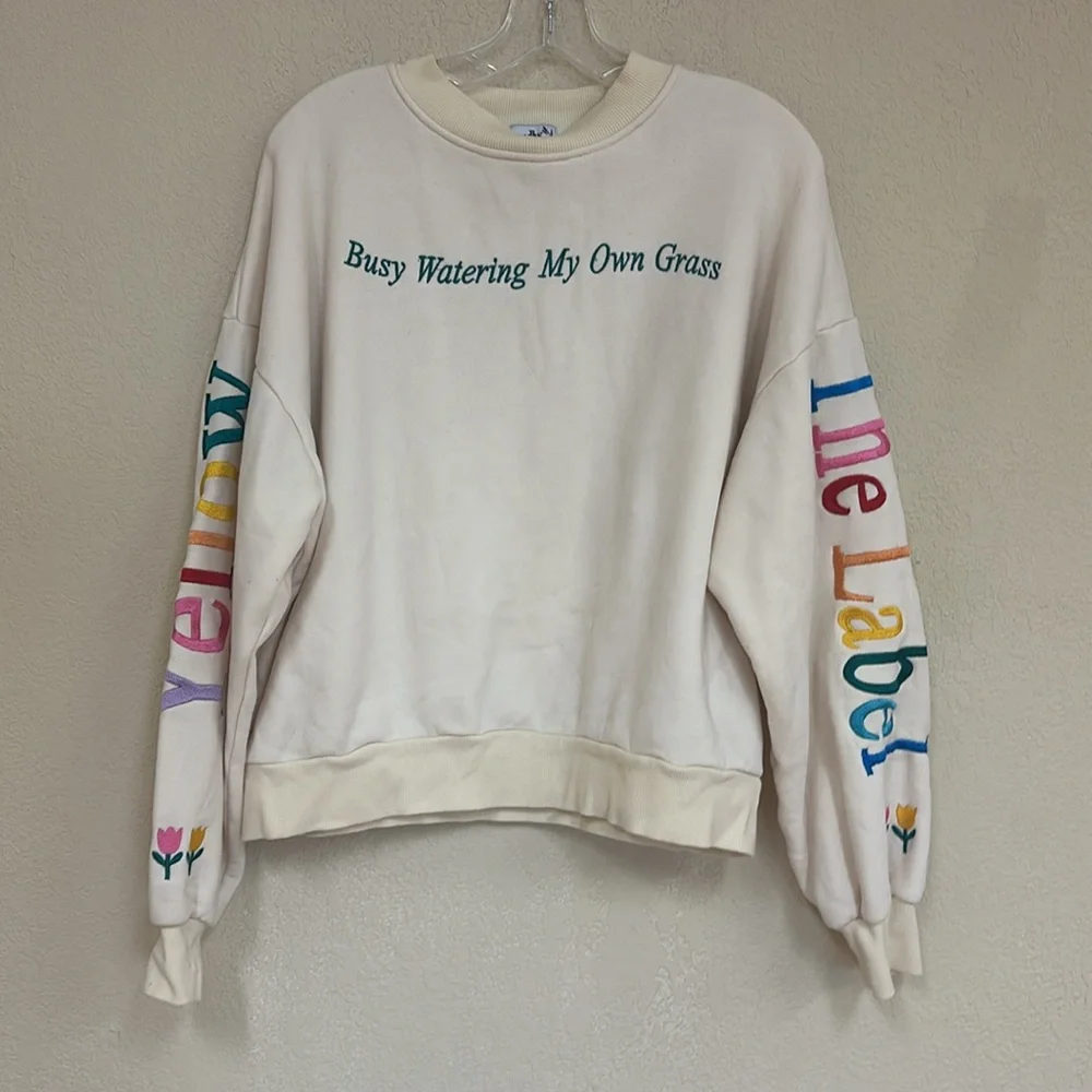 Cream Crewneck Sweatshirt w/ Rainbow Lettering & Embroidered Floral Accents - Picture 2 of 7